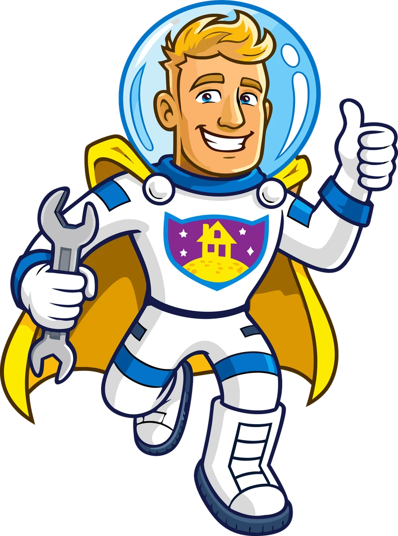 The Space Heroes mascot, a caped astronaut holding a wrench
