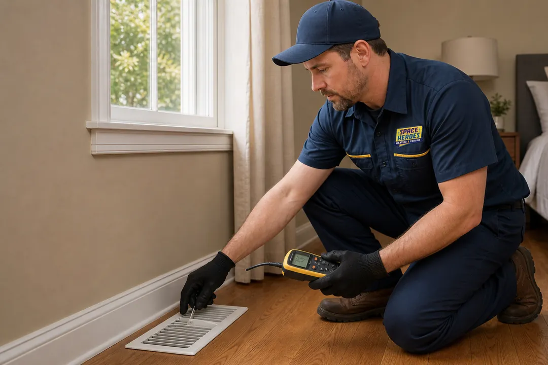 A Space Heroes Space Tech kneeling at a floor supply register in a bedroom, holding a meter with its probe down through the open grille