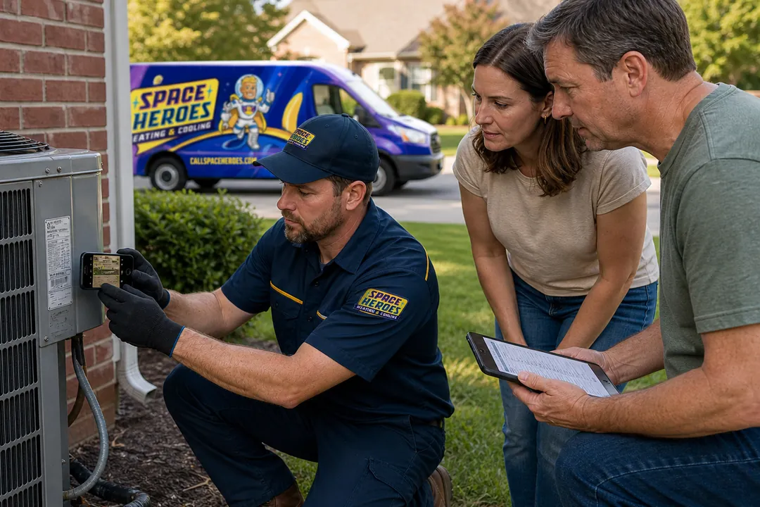 A Space Heroes Space Tech photographing the model and serial numbers on the data plate of an outdoor condensing unit while the two homeowners watch