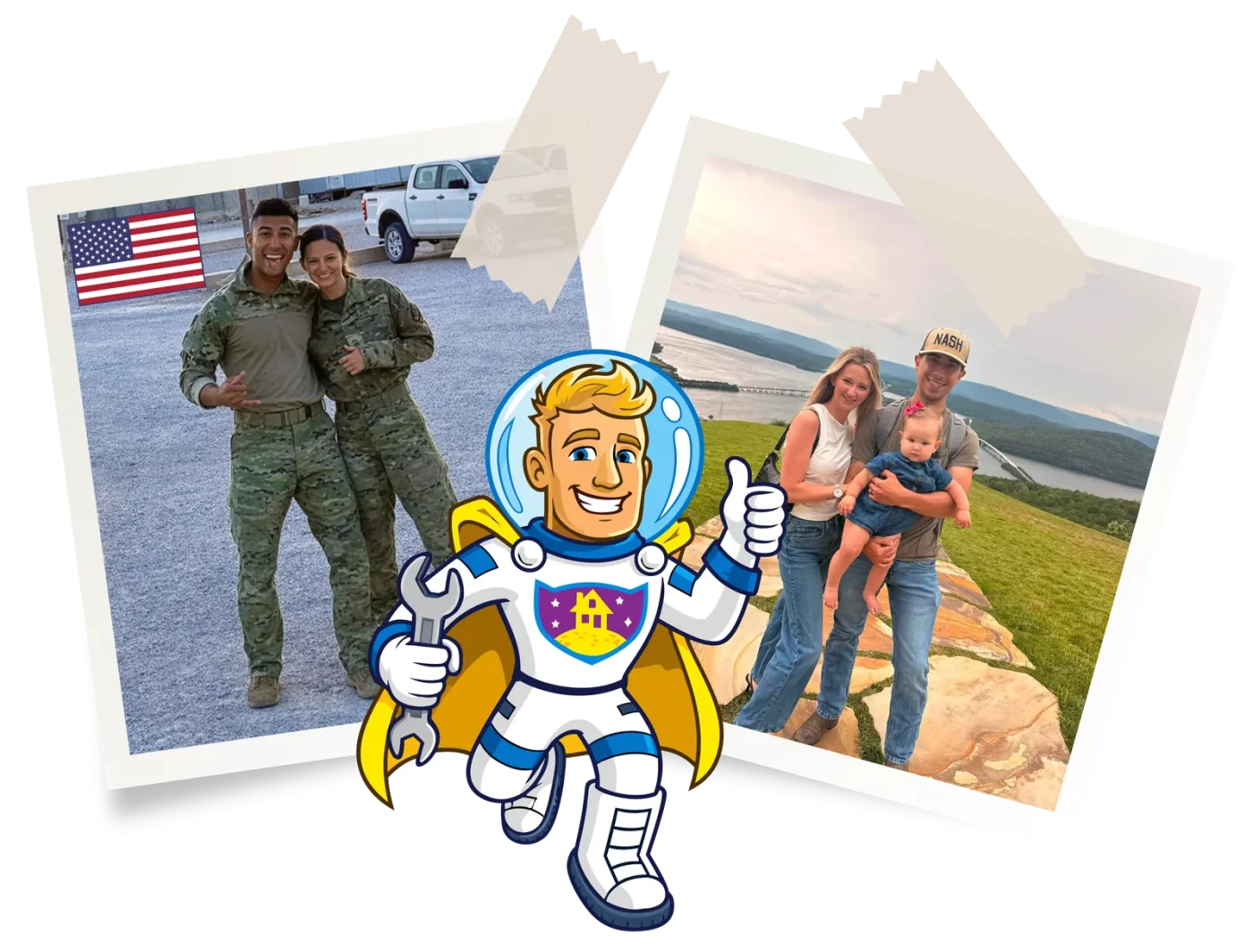 Brandon and Stephanie Bamba in uniform on deployment, and at home with their daughter
