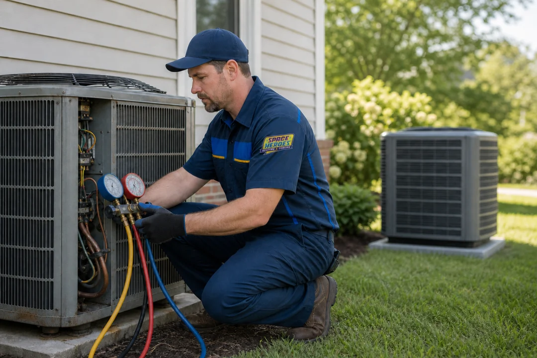 A Space Heroes Space Tech kneeling at an outdoor condensing unit with a manifold gauge set connected, reading the pressures