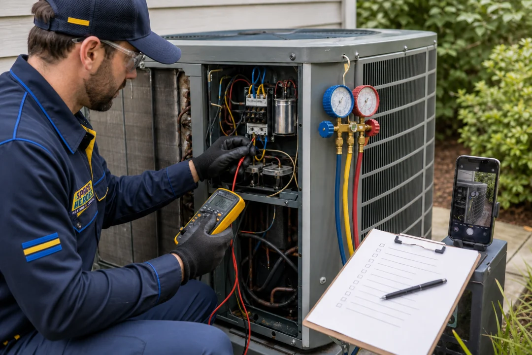 A Space Heroes Space Tech taking a reading at an open condensing unit with a multimeter, a manifold gauge set on the coil and a written checklist alongside