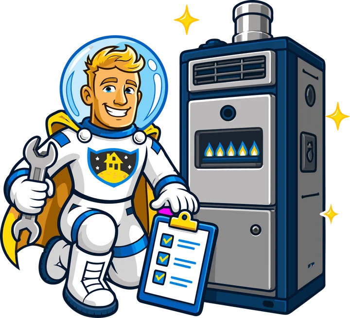 Space Tech with a Pre-Flight Check clipboard beside a furnace