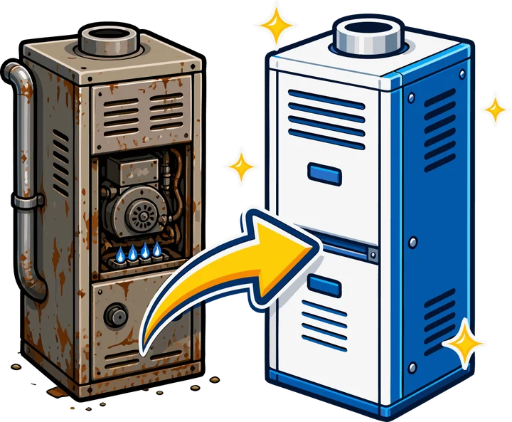 A rusted furnace replaced by a new one