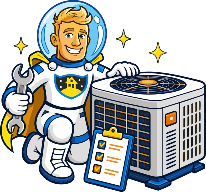 Space Tech with a Pre-Flight Check clipboard beside an outdoor unit
